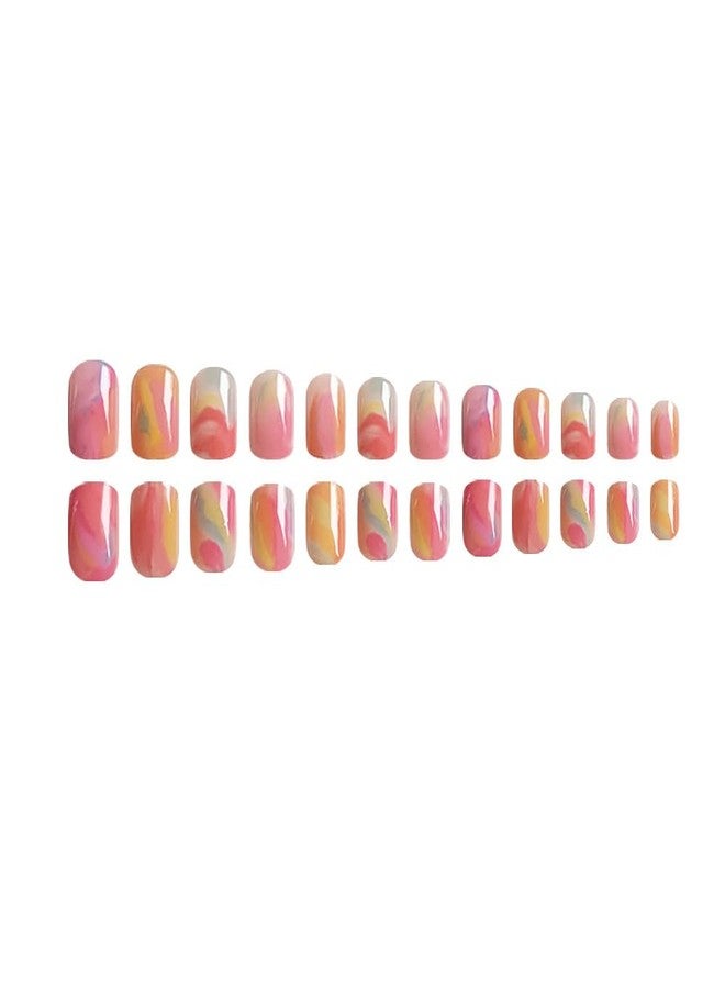 CTTHNBD Short Press on Nails Square Fake Nails Colorful False Nails with Ombre Design Glue on Nails Glossy Full Cover Stick on Nails Cute Acrylic Nails Reusable Artificial Nails for Women Manicure 24Pcs - Image 4